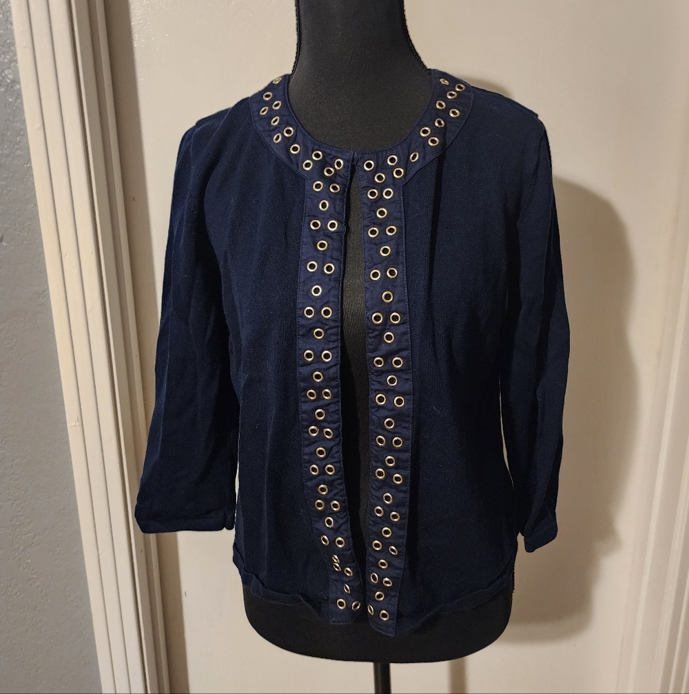 Jones New York Signature Navy Cardigan With 3/4th Sleeves Gold Hardware Size M